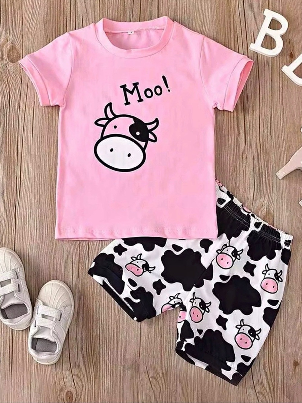 Pink 'Moo' Cow Print Kids Set Size 5